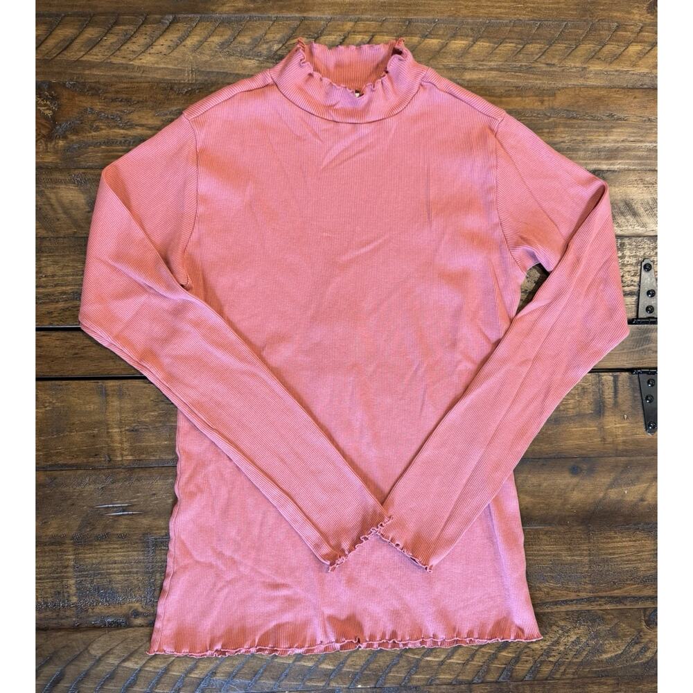 Sundance Ribbed Mock Neck Long Sleeve Top Size Large Ruffle Hem Stretch Coral